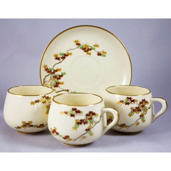 Vintage Japanese Satsuma Pottery By Kamiyama Tea Cups & Saucer Autumn Leaves - Picture 1 of 10